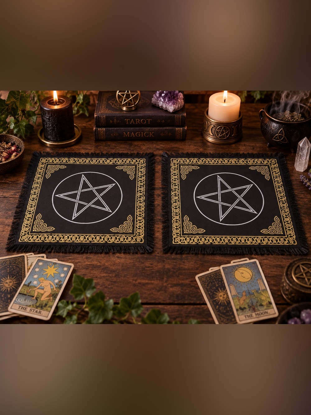 Set of 2 Pentagram Altar Cloths • Celtic Knot Witchy Tarot Ritual Decor 12x12